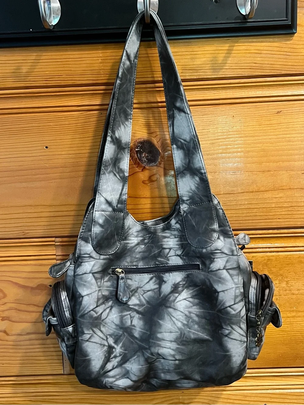 NWT Angel Barcelo Tie-Dye Hobo Shoulder Bag Gray Black Multi Pocket Woven Boho